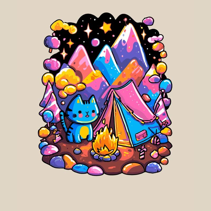Glowing Mountains Cat Camping Magic