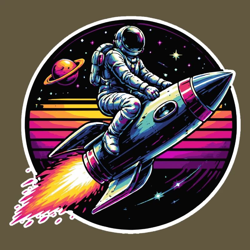 Astronaut on rocket in retro sunset