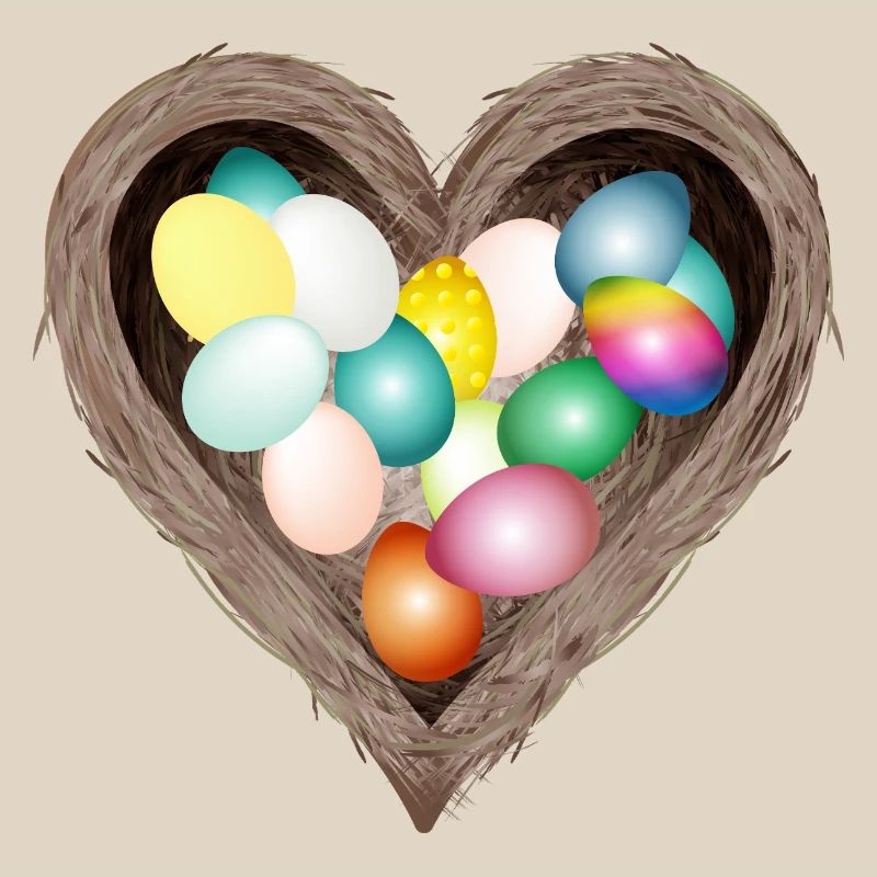 Heart-shaped Easter nest with colorful Easter eggs