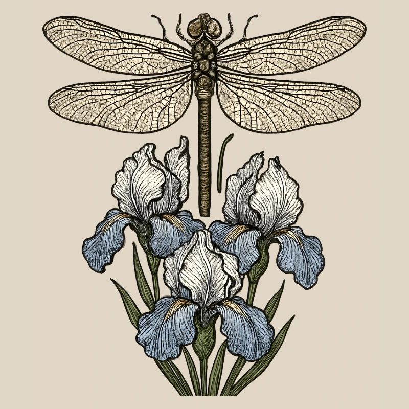 Libellule sur fleurs d’iris