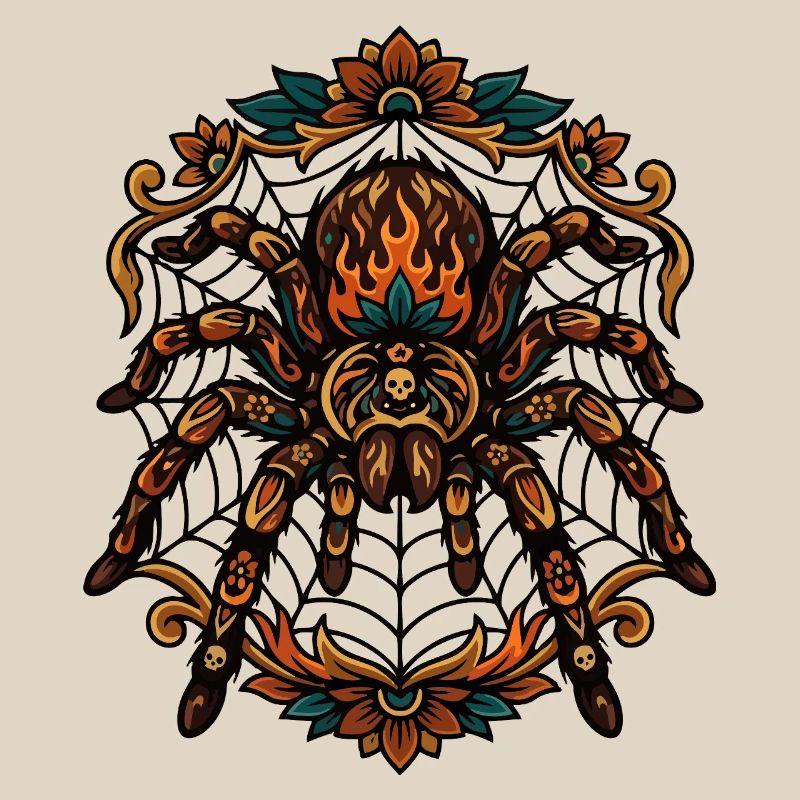 Tarantula Fire Flames Spider Web Pattern Motif
