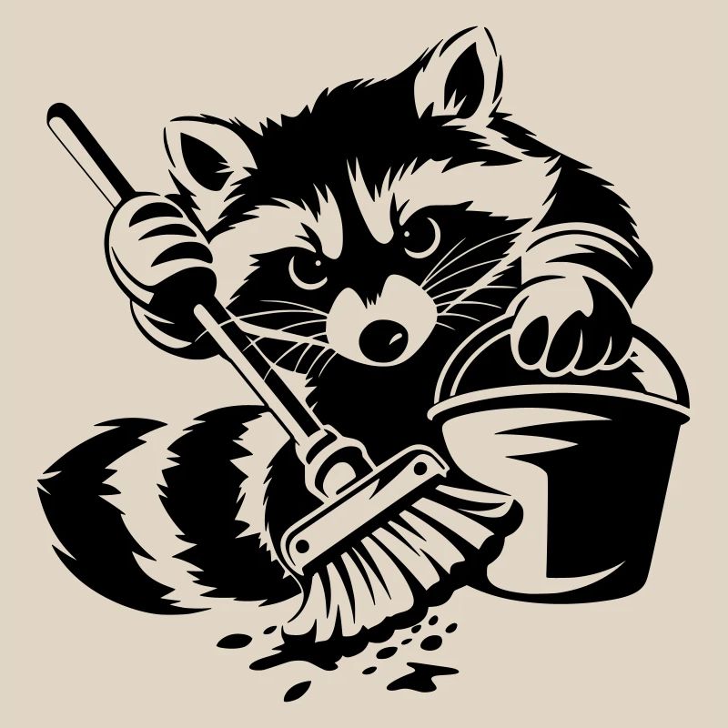 Waschbär mit Eimer & Mopp