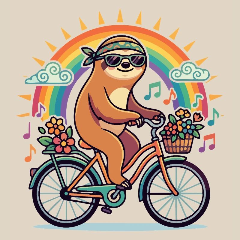 Flower Power Sloth on Bicycle Rainbow Sun