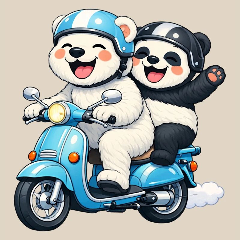 Eisbär und Pandabär auf einem Roller