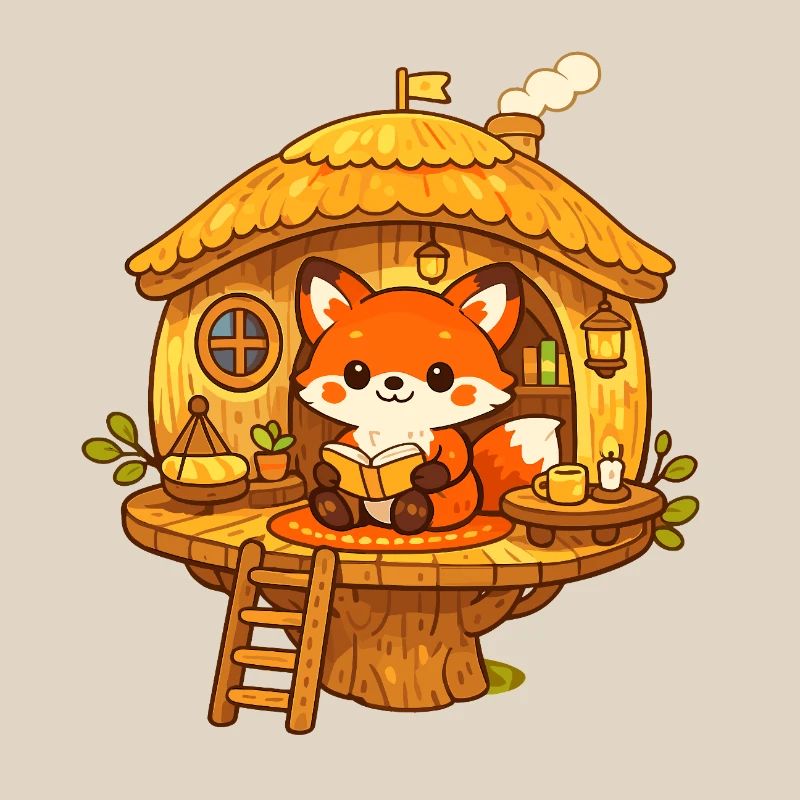 Reading fox in the tree house