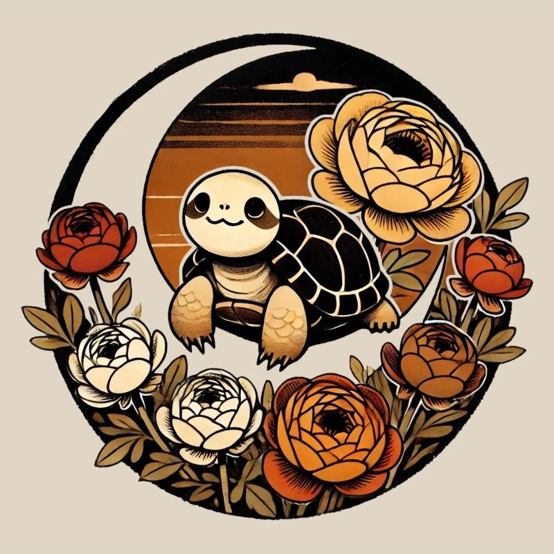 Sunset Turtle Among Peony Bloom