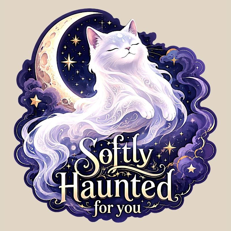 Softly Haunted White Moon Cat Gothic Celestial