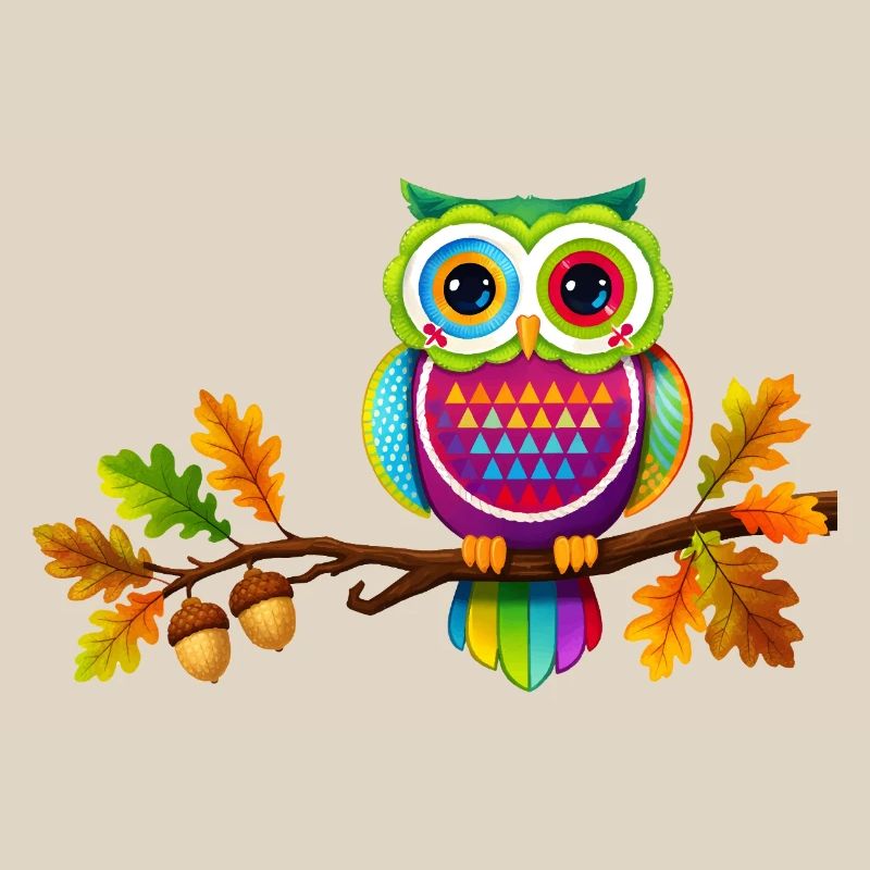 Bunte Eule auf Ast mit Herbstblättern