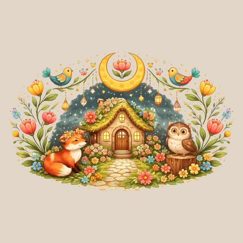 Magical Spring House with Fox and Owl
