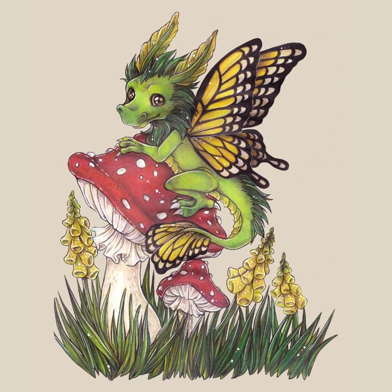 Forest Dragon on Toadstool Cute Butterfly
