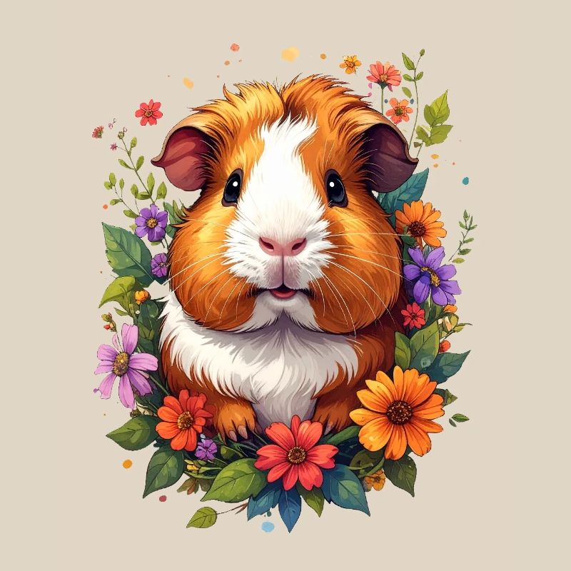 Petit cochon d’Inde mignon entouré de fleurs