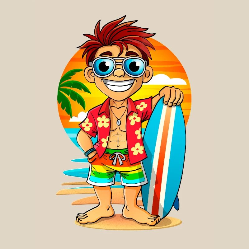 Cheerful Surfer with surfboard on the beach.