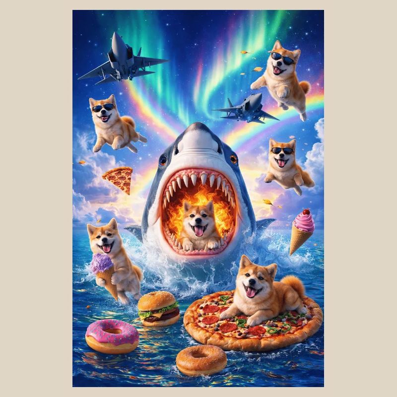 Requin avec pizza et chiens de l’espace