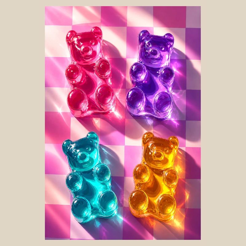 Neon Gummy Bears on Checkerboard