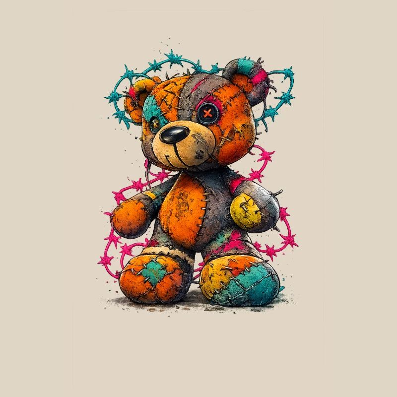 Patchwork teddy bear with neon threads