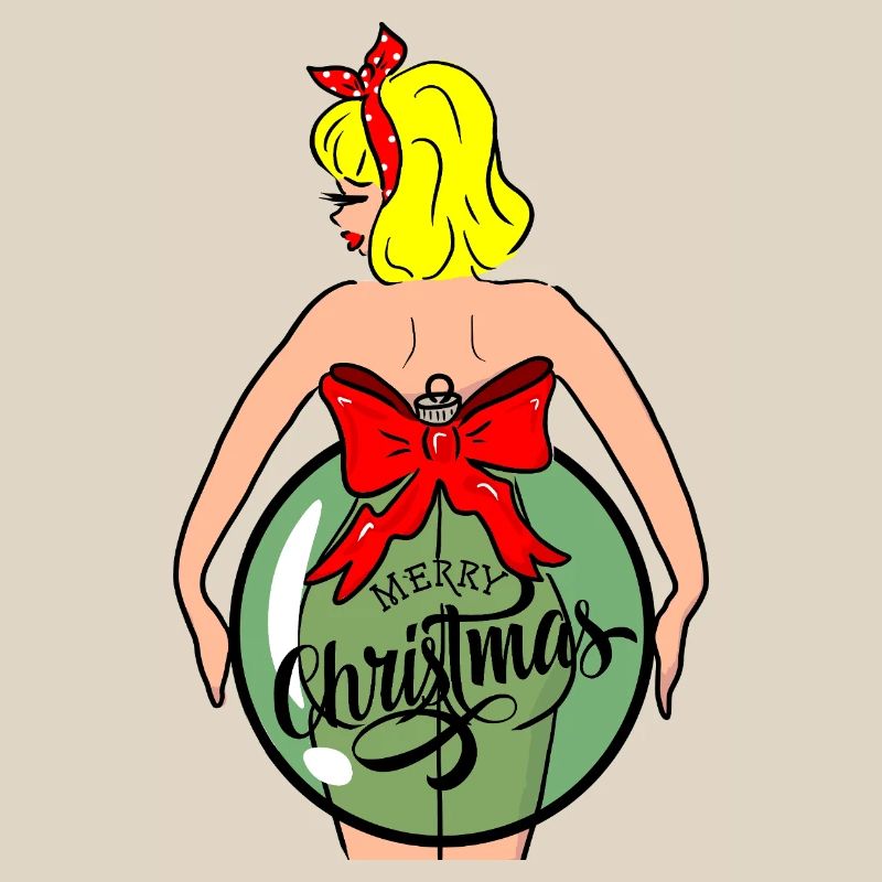Frau mit Weihnachtskugel und roter Schleife