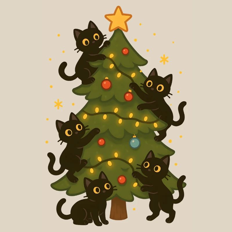 Cats Decorating Christmas Tree Fun Design