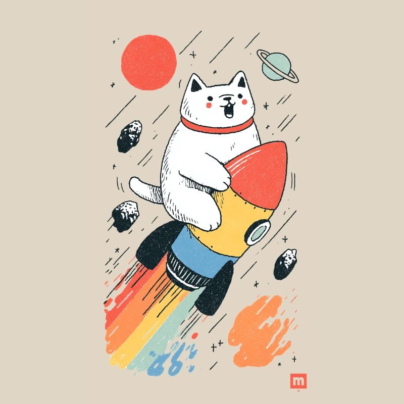 Chat sur fusée dans l’espace coloré