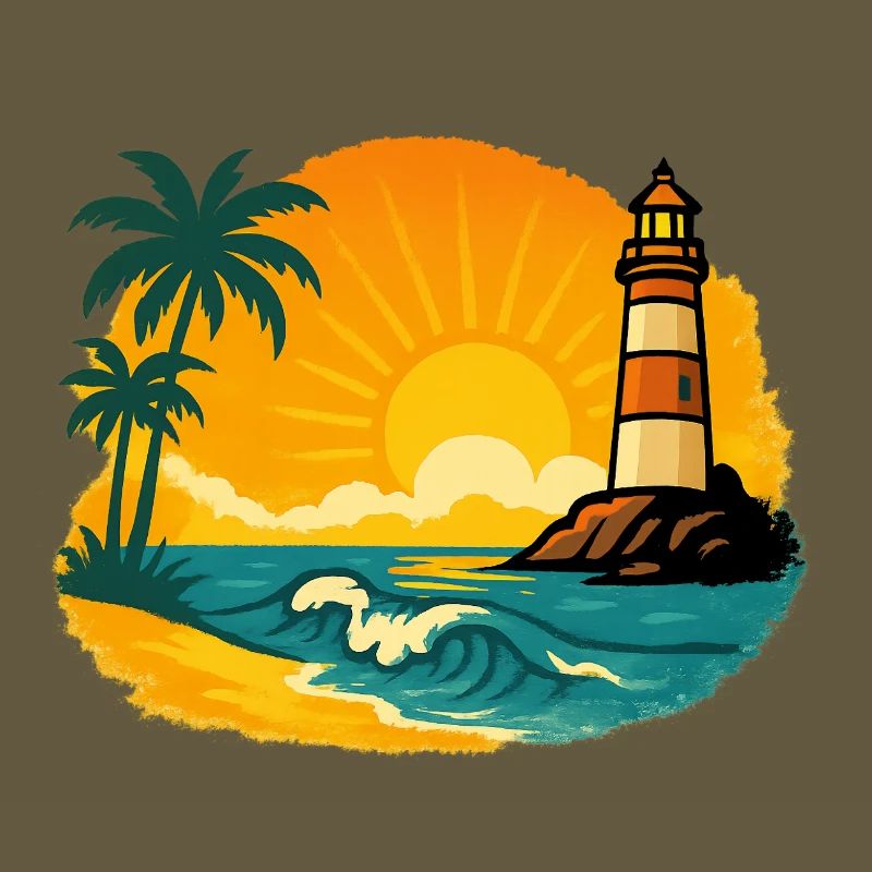 Sunset with lighthouse on tropical beach