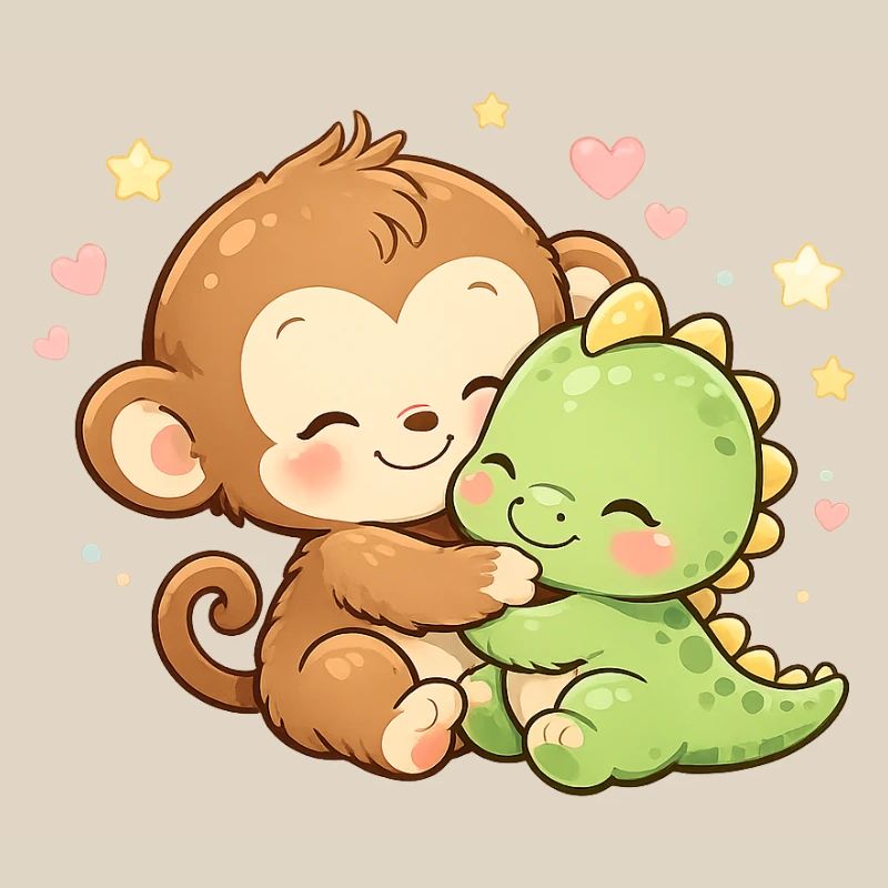 Cute Monkey & Baby Dino Cuddle