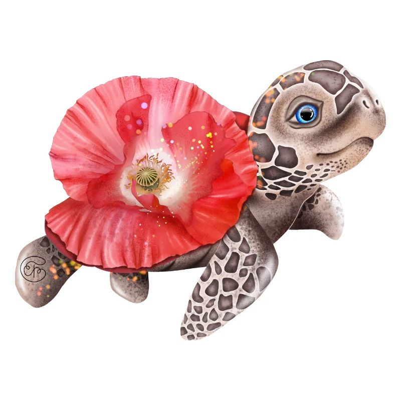 Süße Schildkröte mit Mohnblume