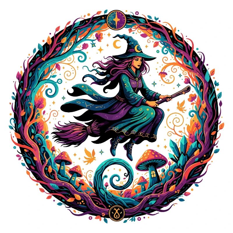 Witch magic in the forest Witch on broom in the enchanted forest