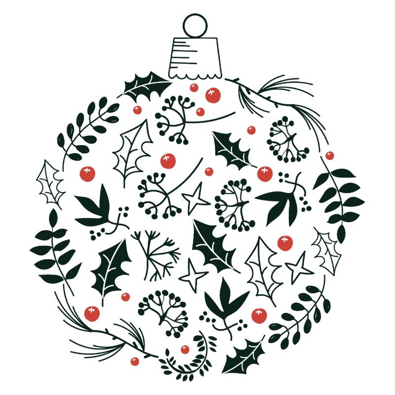 Weihnachtskugel mit Stechpalme und Vogelbeerblättern