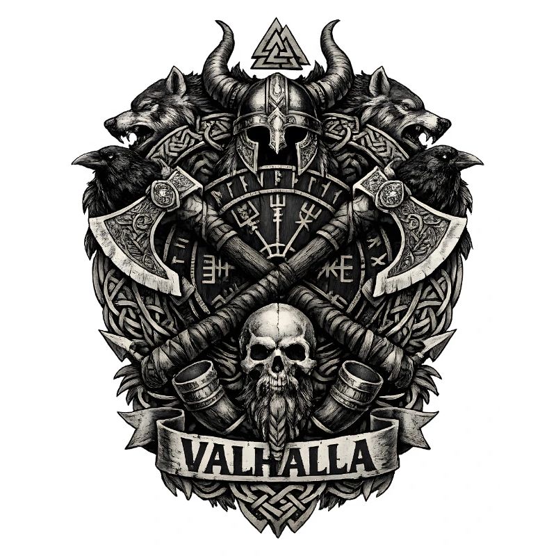 Valhalla-Wappen: Wikingerschädel und Äxte