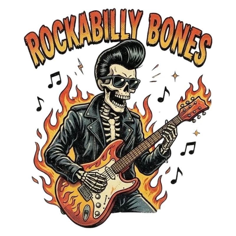 Rockabilly Bones – Retro Comic Skelett mit brennen