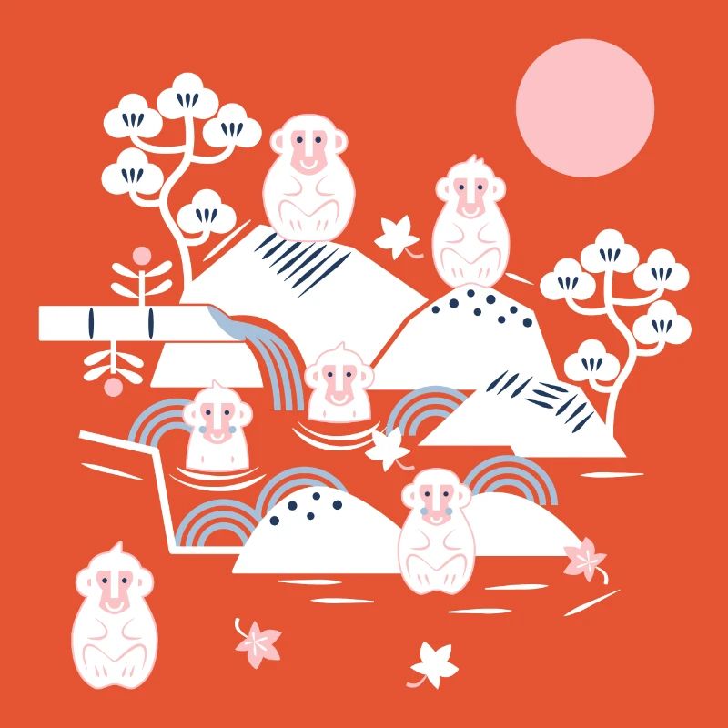 Chilling monkeys in a hot spring l white pink blue