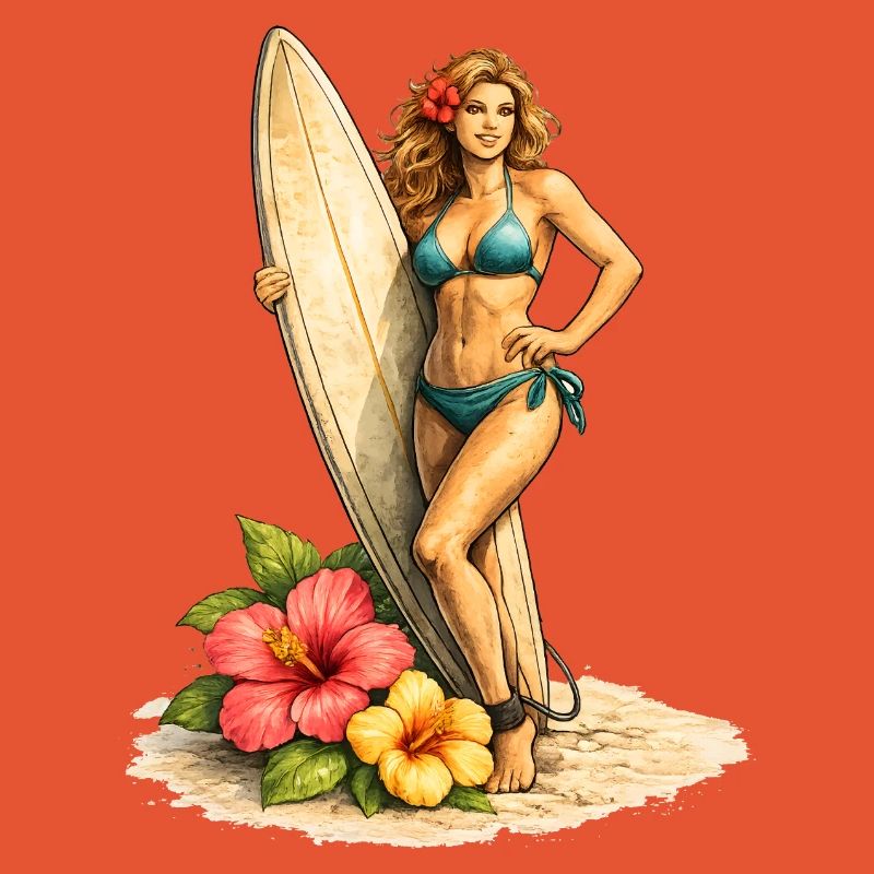 Surfeur avec planche et fleurs d’hibiscus