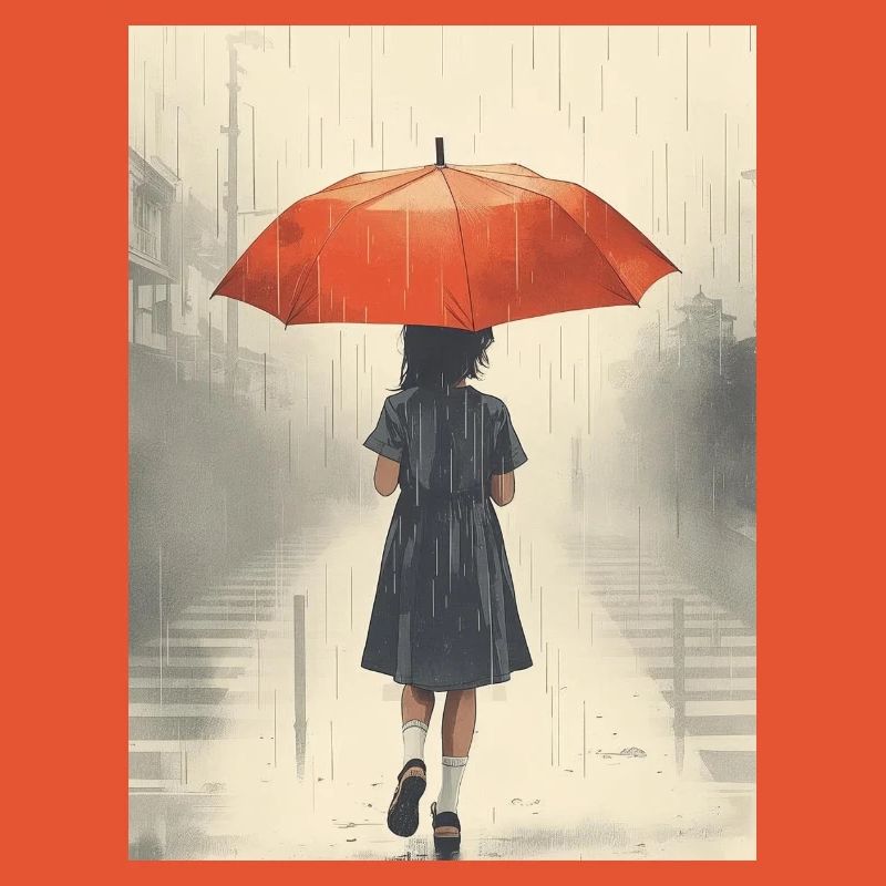 Mädchen Unter Regenschirm Bei Intensivem Regen