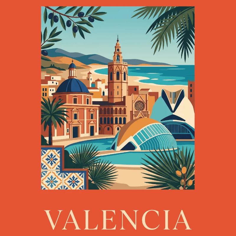 Affiche de voyage sur l’architecture côtière de Valence en Espagne