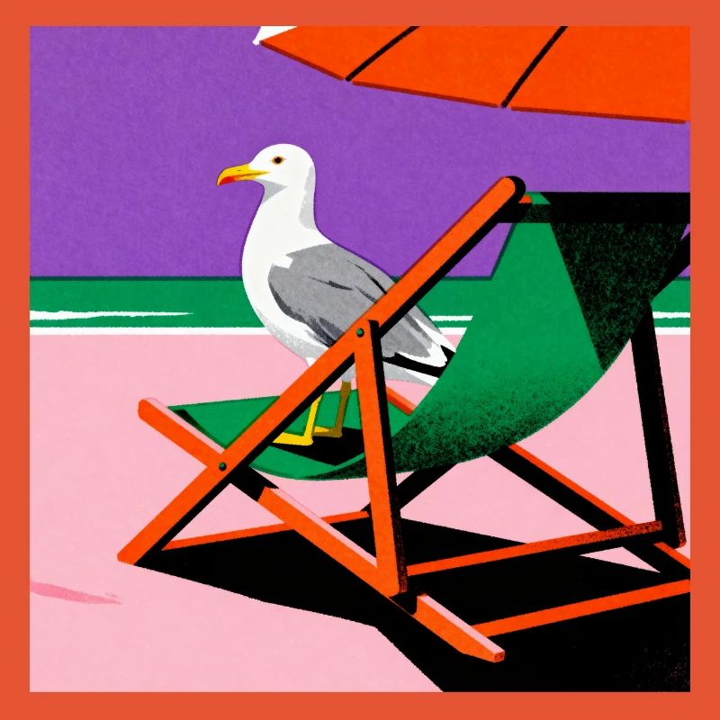 Chaise de plage colorée et mouette