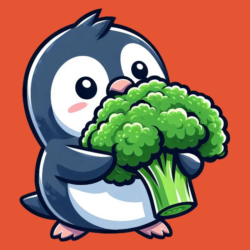 Funny Penguin with Broccoli Vegetables Vegan Comic