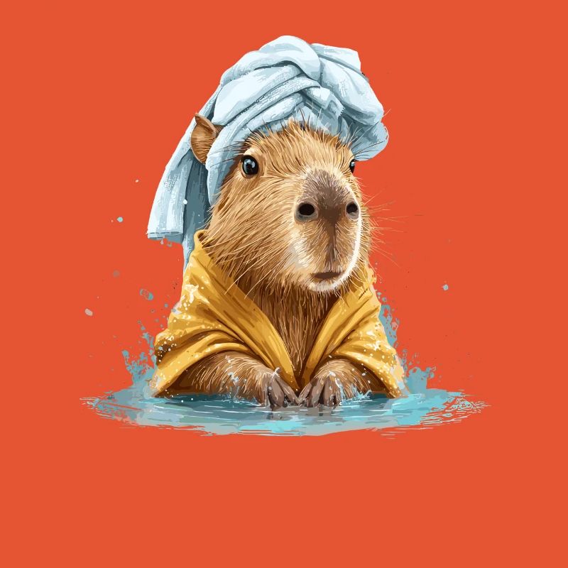 Kapybara in a bath towel and bathrobe