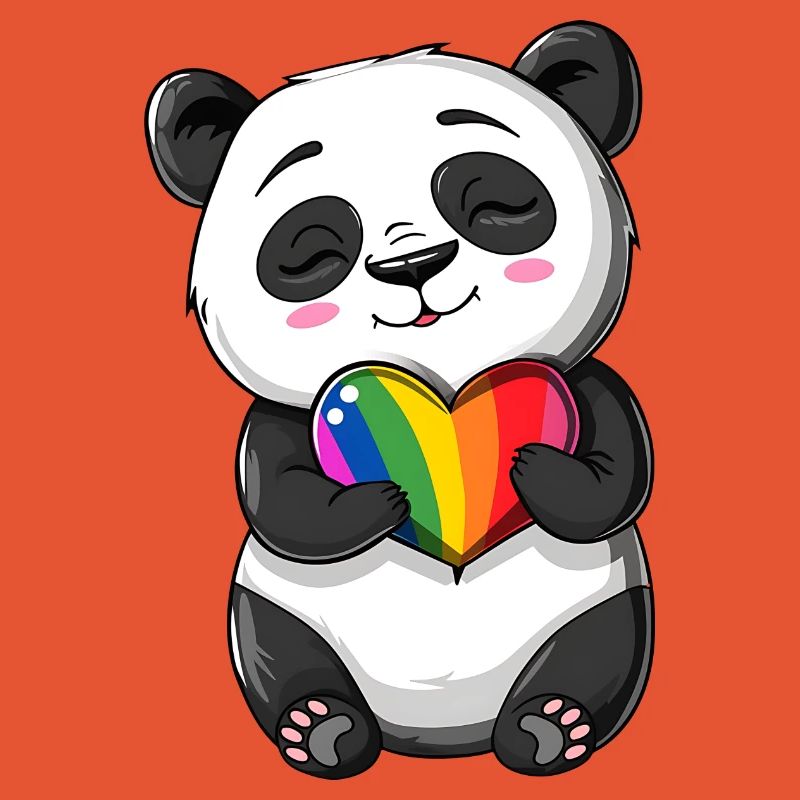 Panda-Karikatur mit einem Pride-Regenbogenherz