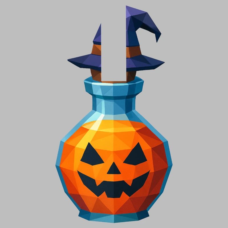 Low-Poly-Kürbis in einem Hexenfläschchen