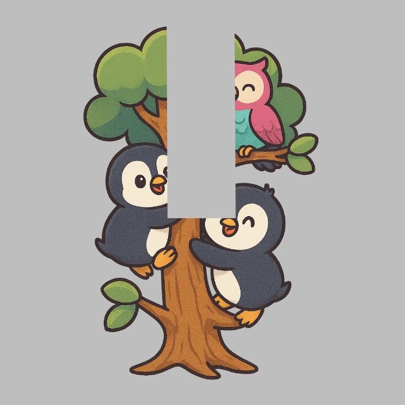 Pinguinbabys klettern auf einen Baum, Eule macht mit