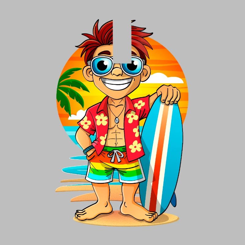 Fröhlicher Surfer mit Surfbrett am Strand.