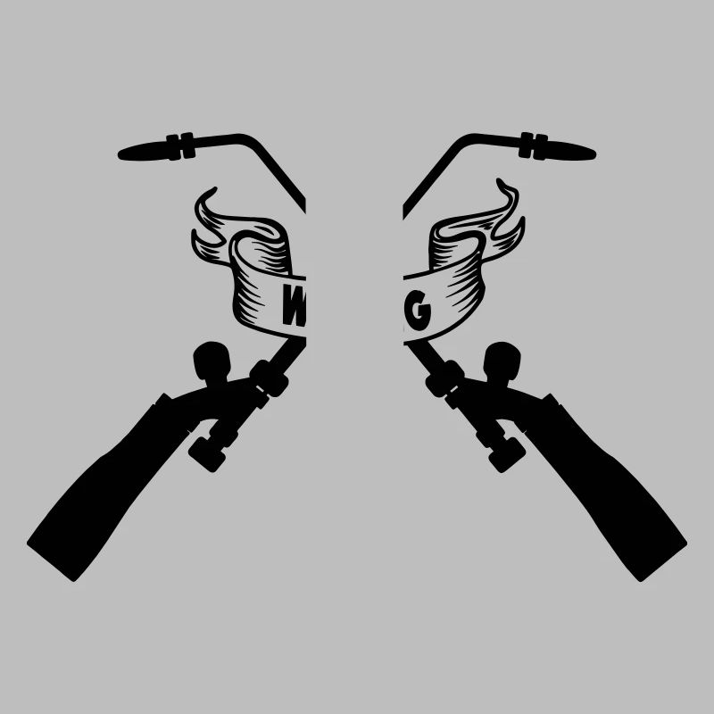 Two crossed welding machines with text banner
