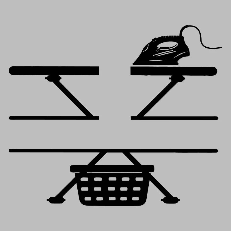 Fer à repasser, planche à repasser et panier à linge, bannière de texte