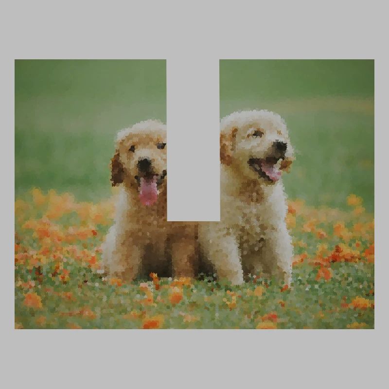 2 chiots Labrador Retriever dans le champ de fleurs