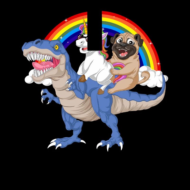 Regenbogen-Dinosaurier mit Einhorn und Mopsfahrt