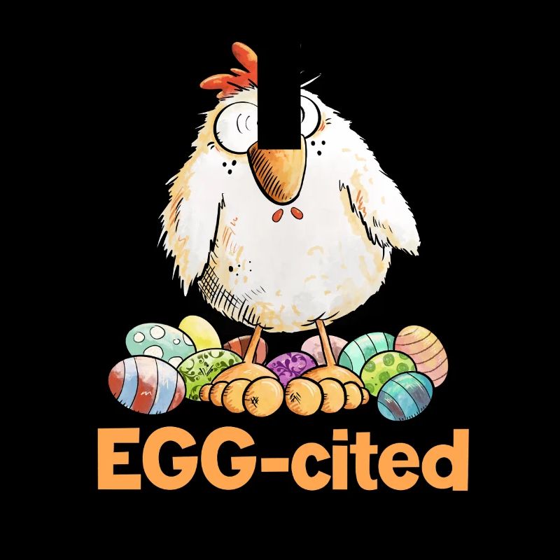Excited Chicken with Easter Eggs Saying Eggcited