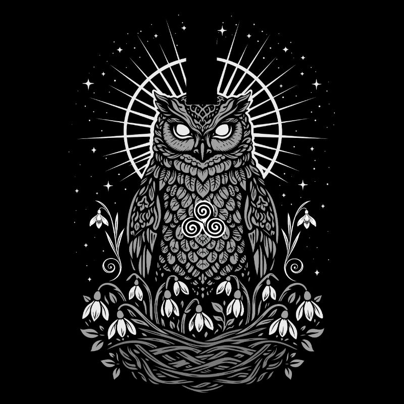 Imbolc Eule mit Triskele und Schneeglöckchen
