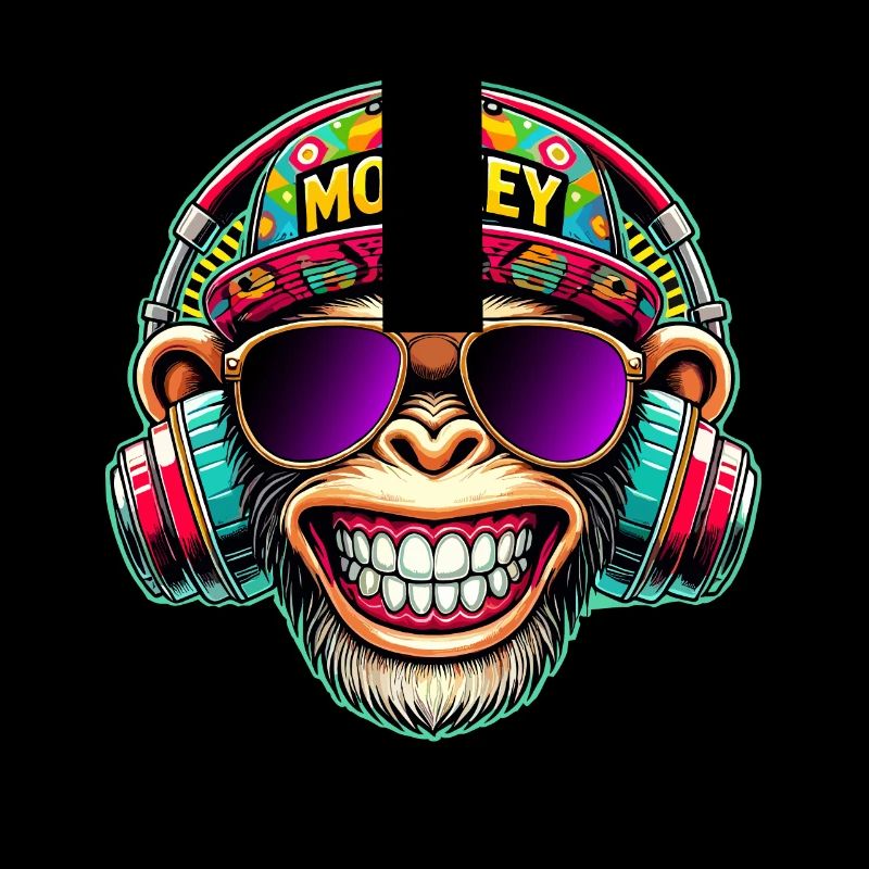 Cooler DJ Monkey Kopfhörer Bunter Retro-Stil