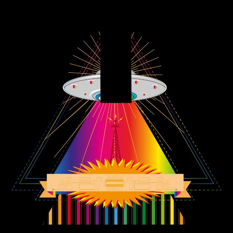 UFO over a glowing rainbow triangle