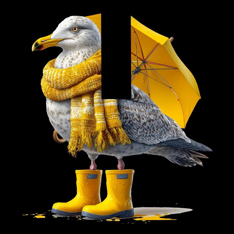 Mouette avec parapluie jaune et bottes