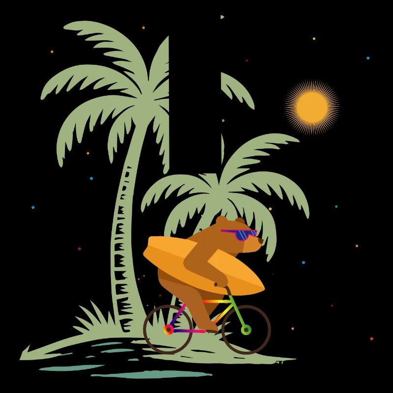 Bear with surfboard on bicycle under palm trees
